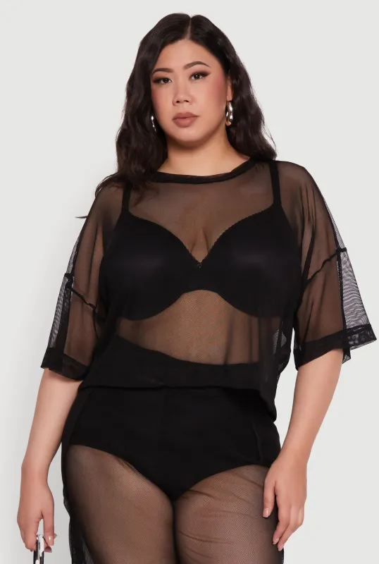 Plus Size Trendy Mesh Crew Neck Short Sleeve Top sold by Rainbow