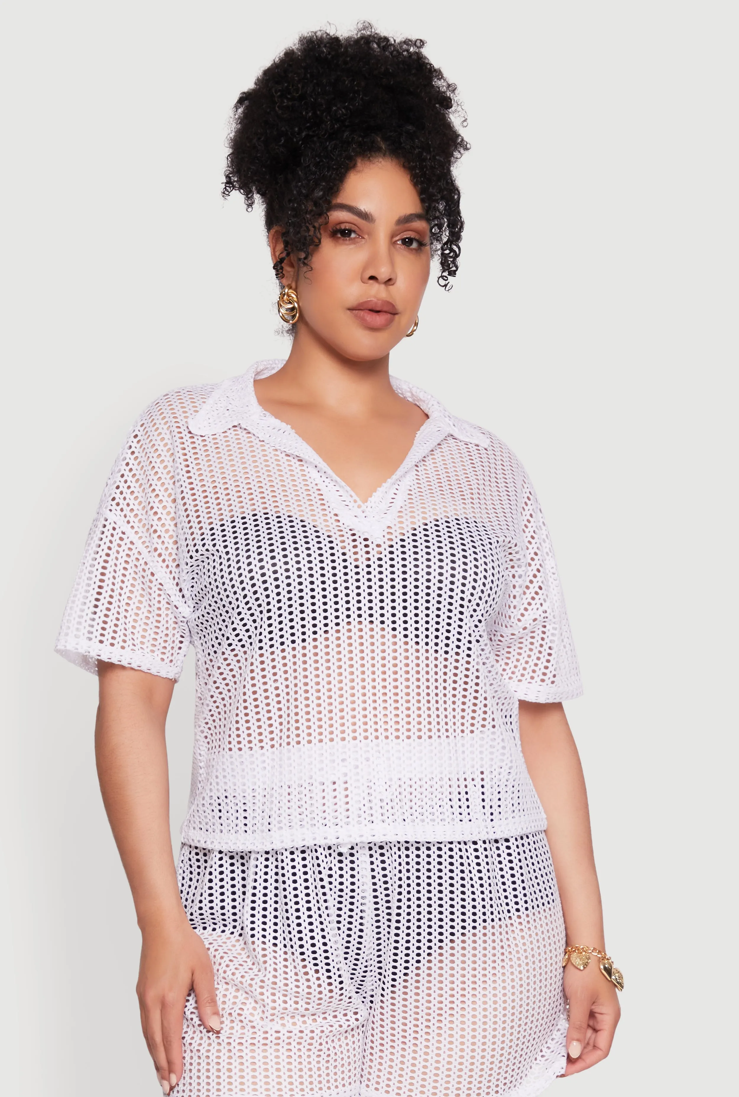 Plus Size Laser Cut Collared Short Sleeve Top sold by Rainbow product image thumbnail 2