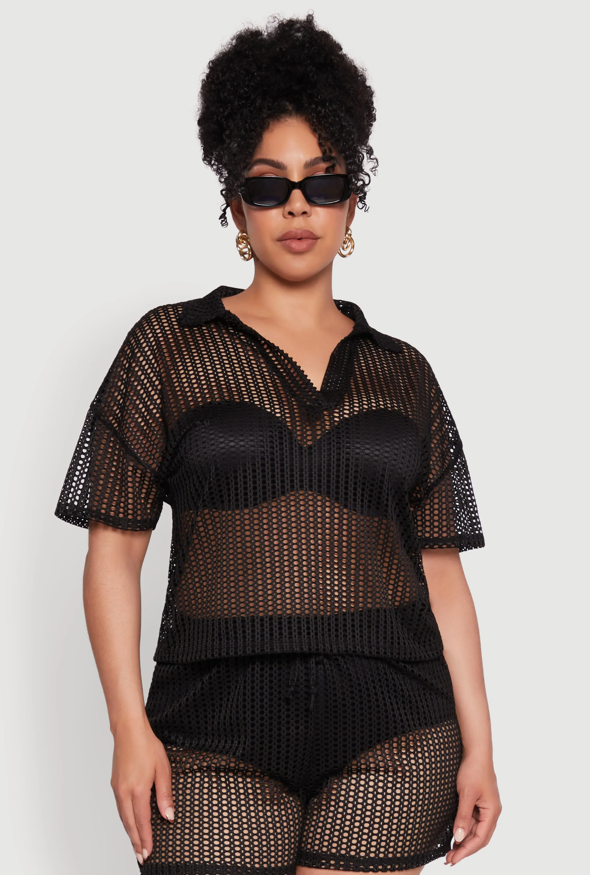 Plus Size Laser Cut Collared Short Sleeve Top sold by Rainbow