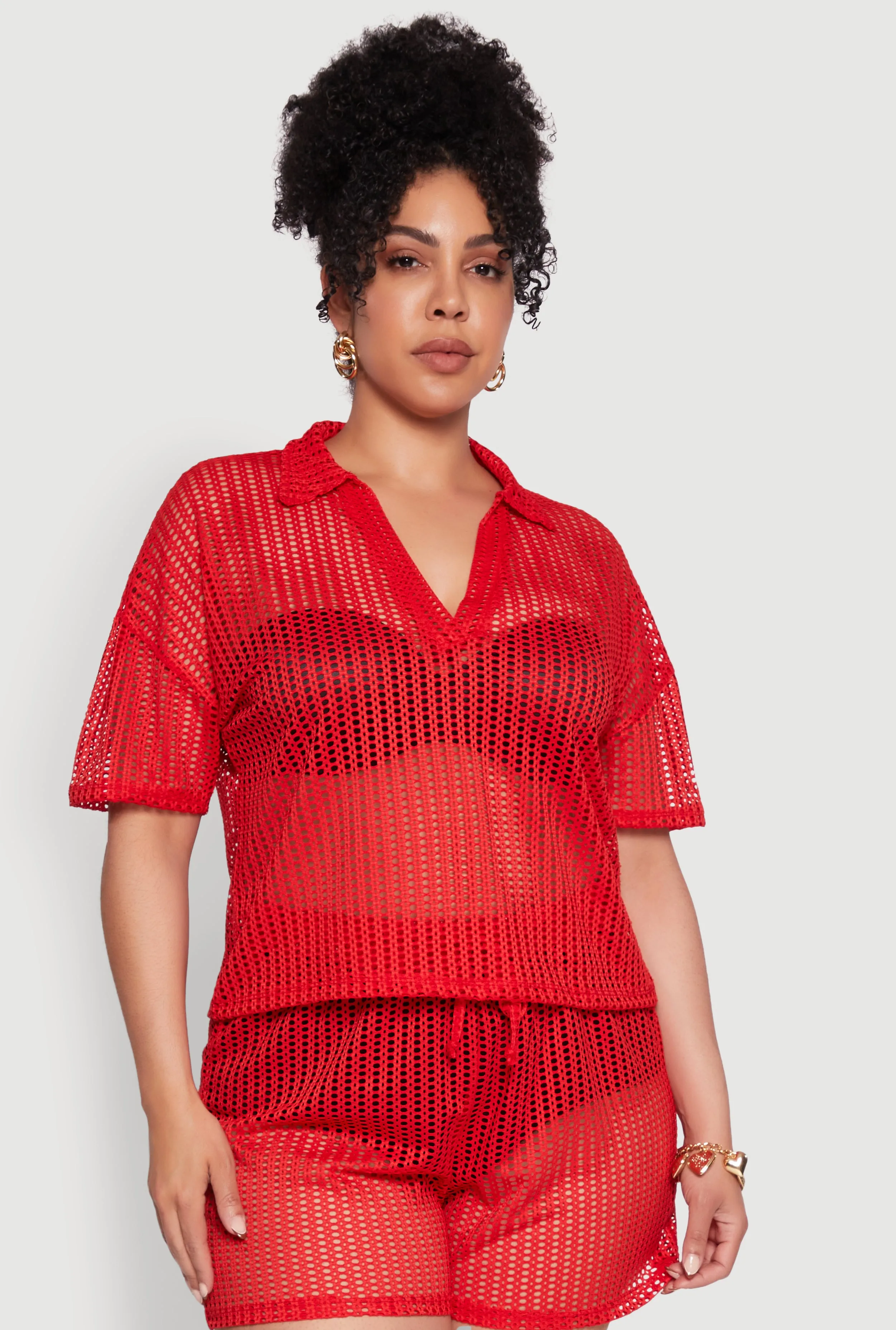 Plus Size Laser Cut Collared Short Sleeve Top sold by Rainbow product image thumbnail 4