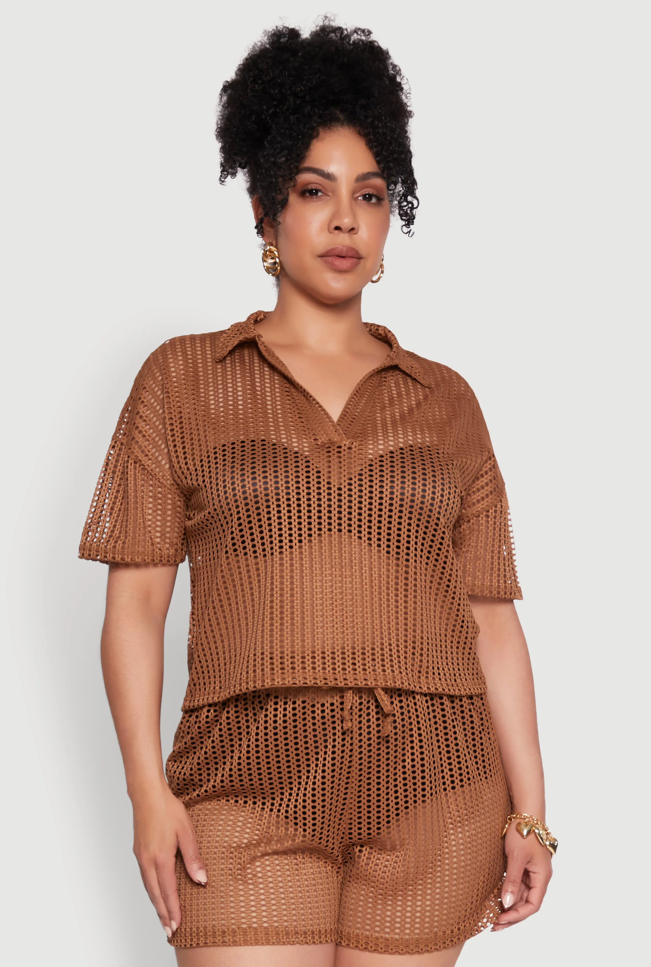 Plus Size Laser Cut Collared Short Sleeve Top sold by Rainbow product image thumbnail 3