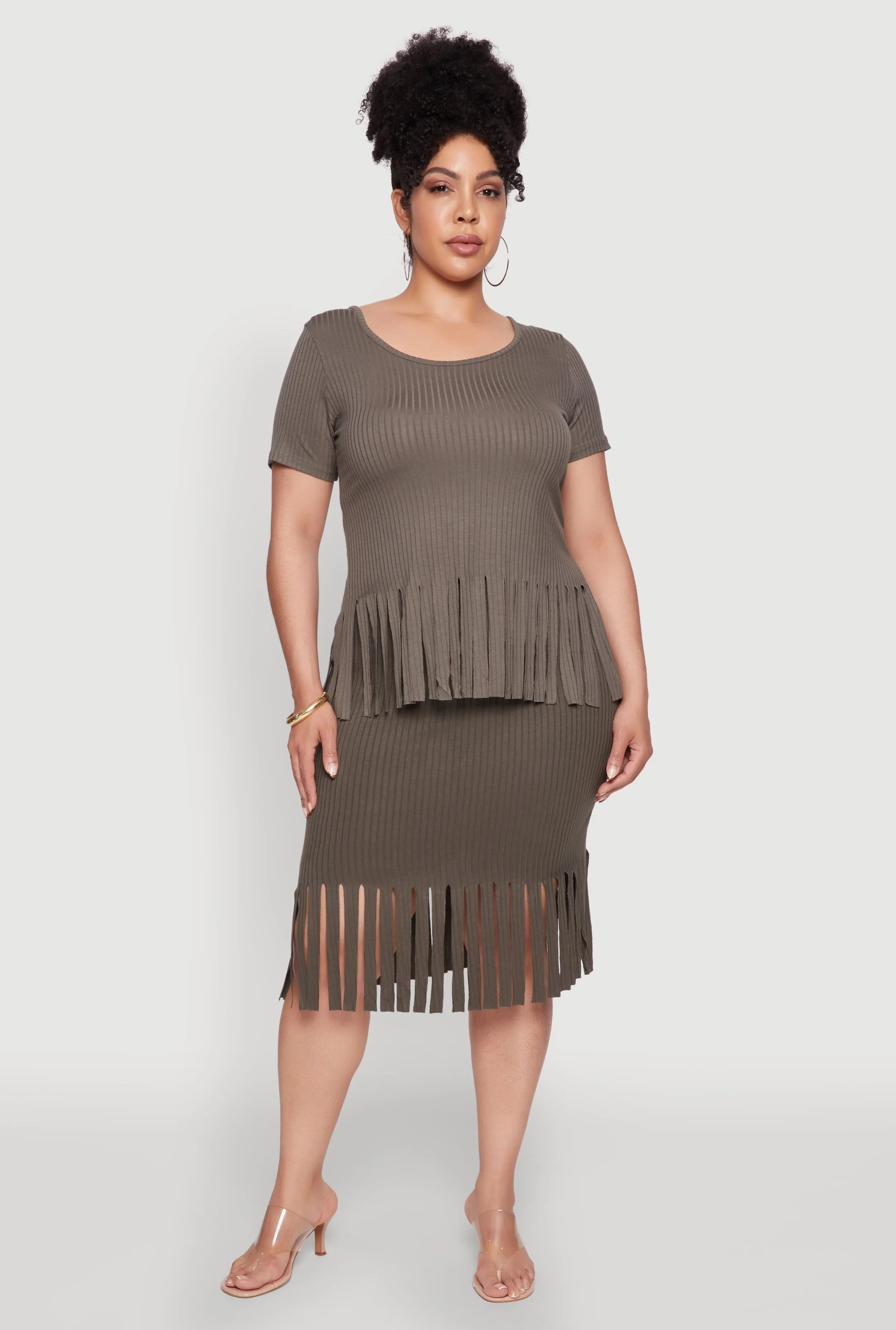Plus Size High Waisted Ribbed Knit Fringe Midi Skirt sold by Rainbow product image thumbnail 2