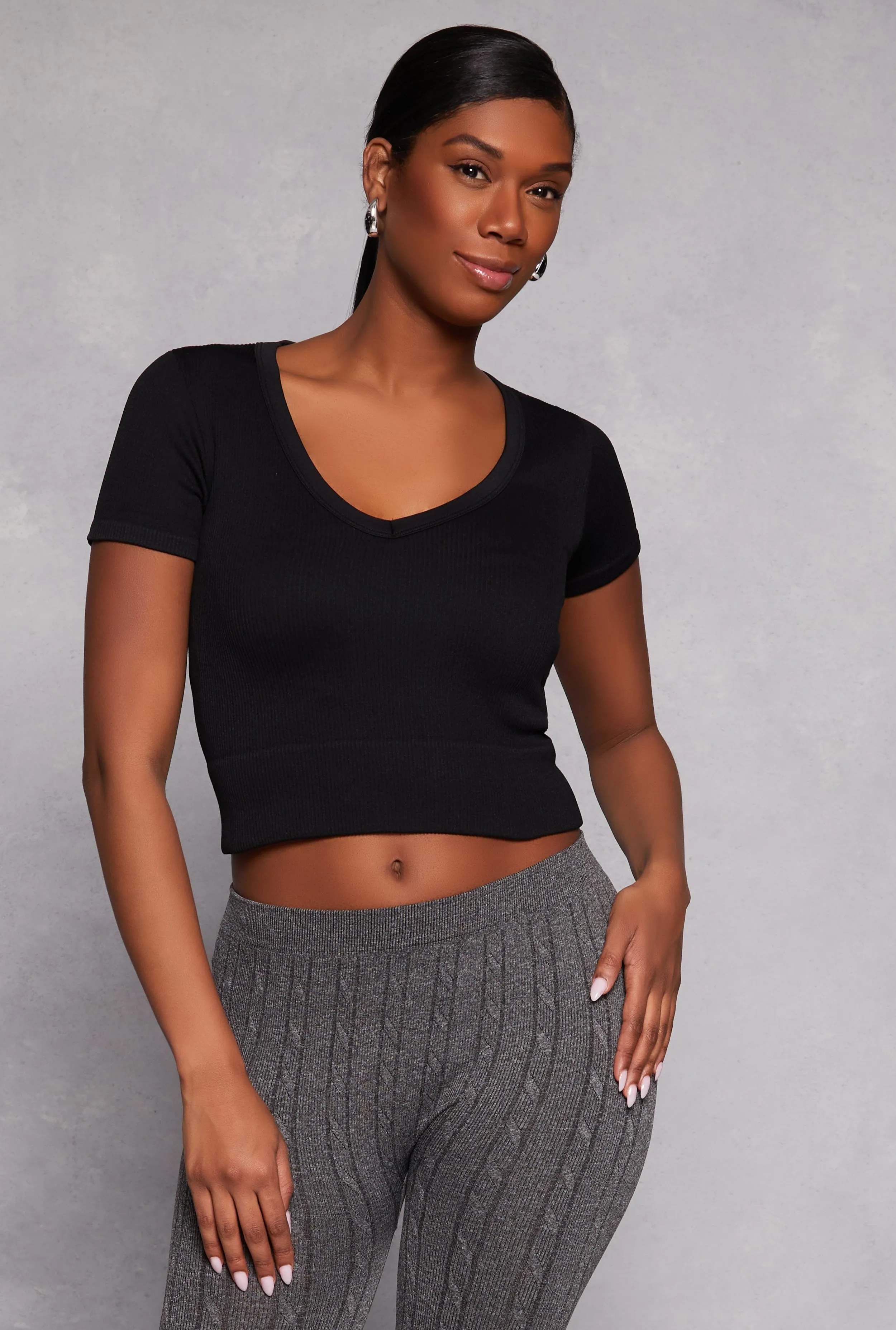 Seamless Ribbed Knit V Neck Crop Top sold by Rainbow
