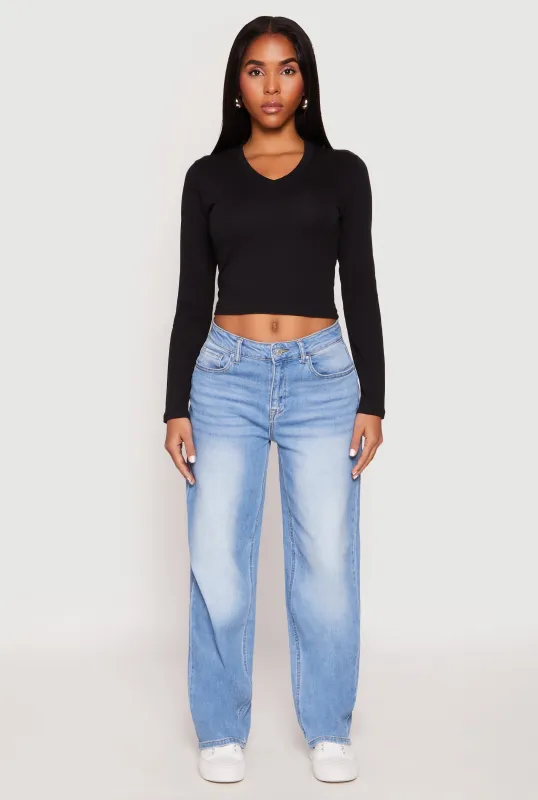 V Neck Long Sleeve Crop Top sold by Rainbow
