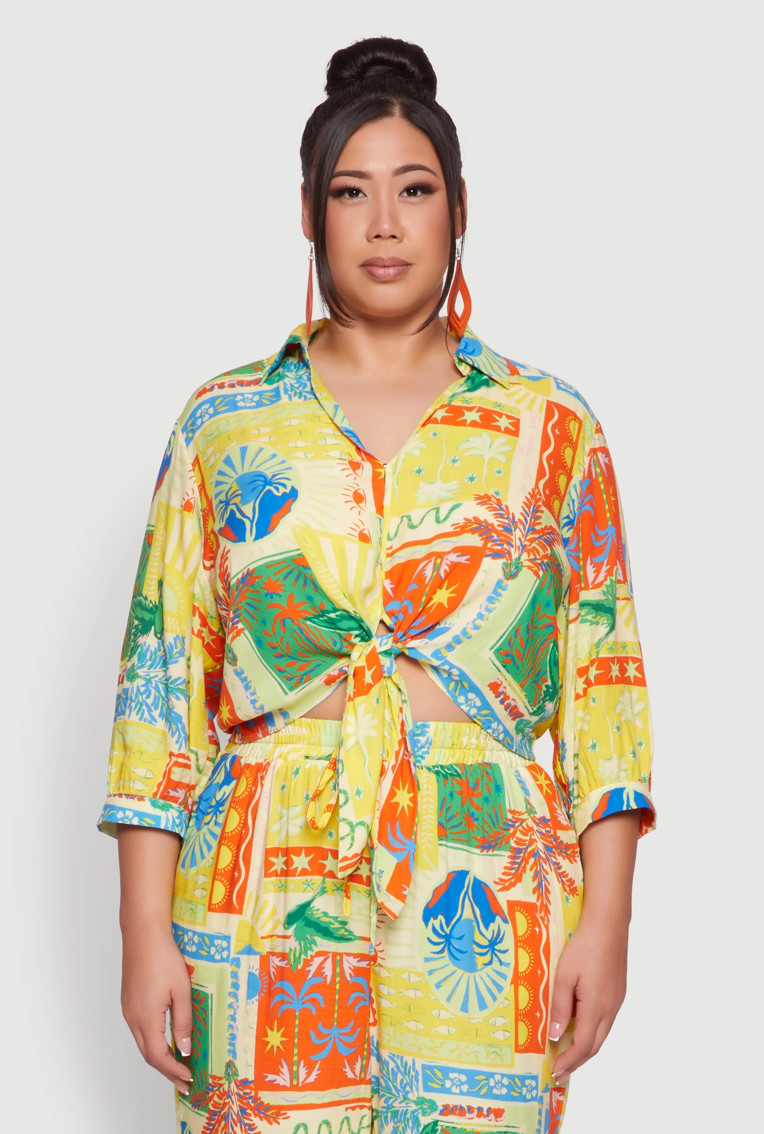 Plus Size Floral Print Tie Button Front Blouse sold by Rainbow