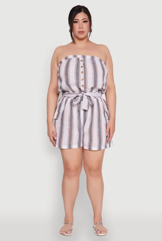 Plus Size Striped Tie Waist Belted Cargo Romper sold by Rainbow