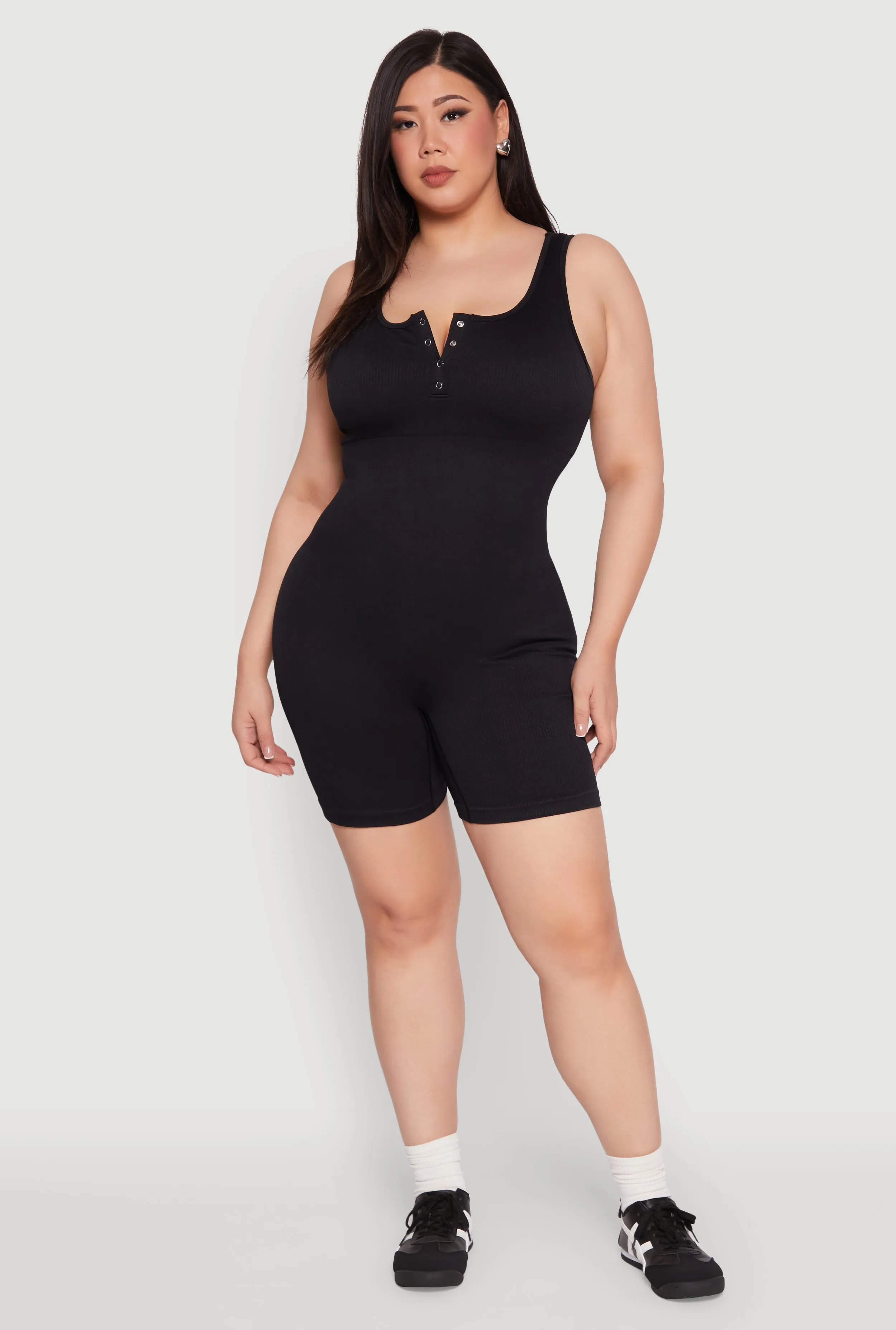 Plus Size Seamless Ribbed Sleeveless Biker Romper sold by Rainbow