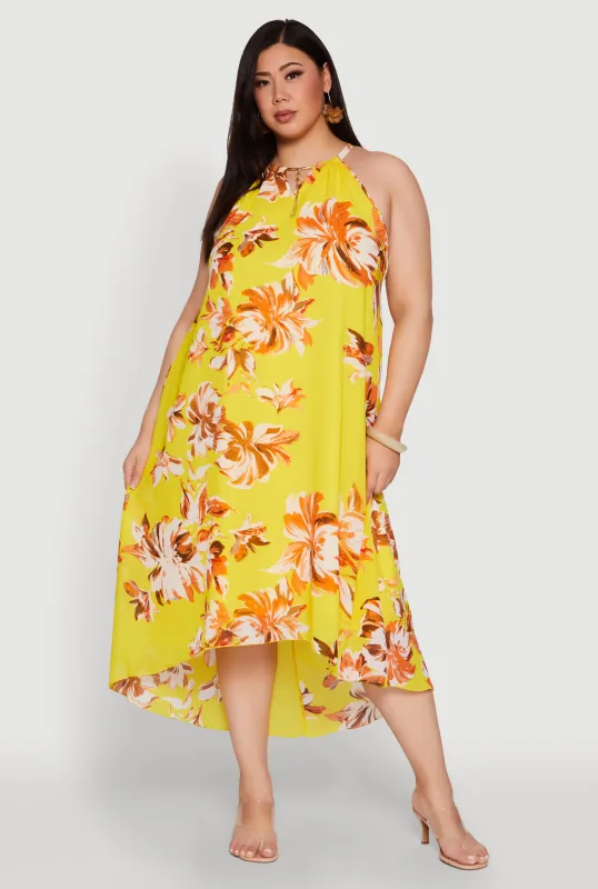 Plus Size Floral Metallic Detail Keyhole High Low Dress sold by Rainbow