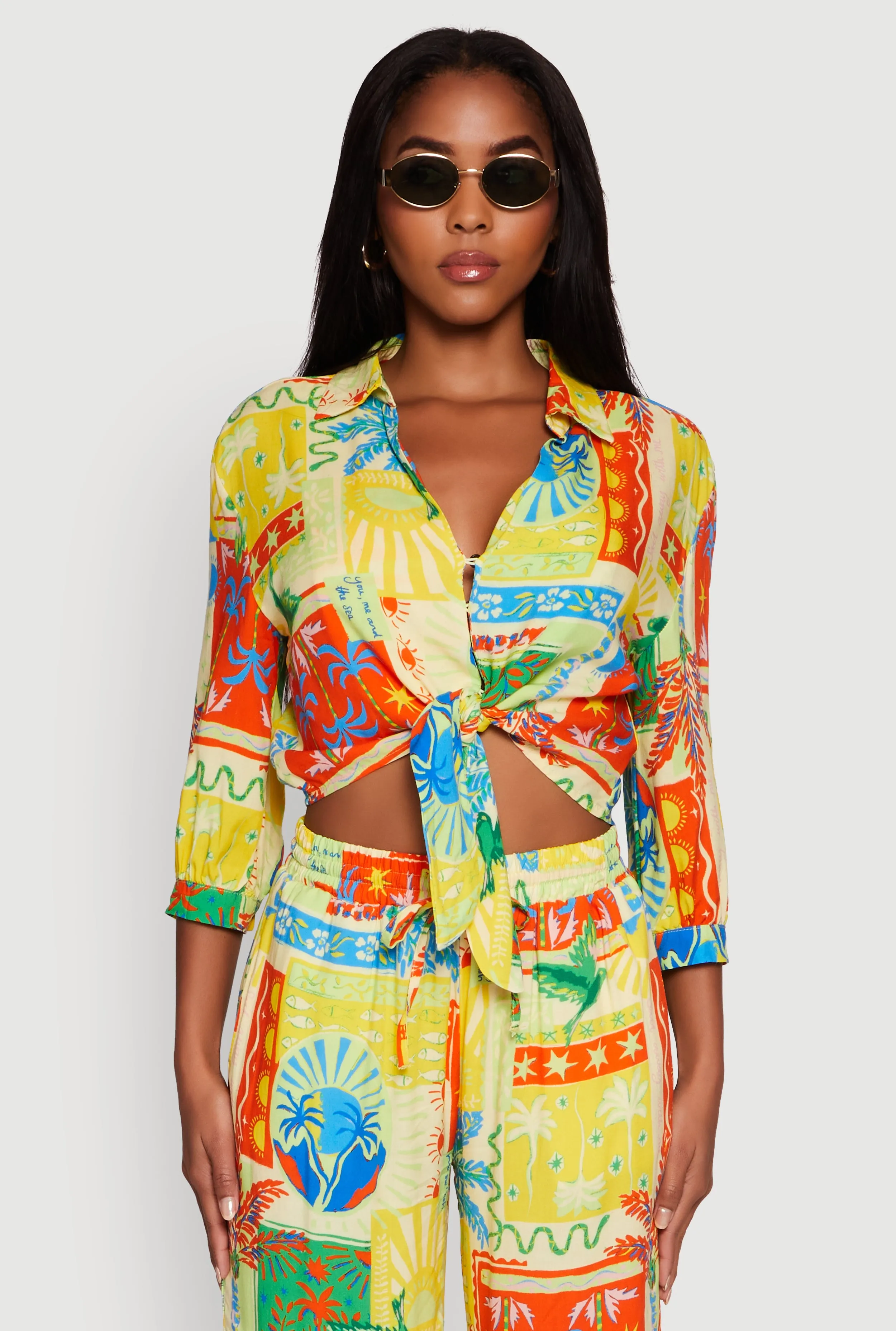 Printed Pattern Tie Front Crop Button Front Blouse sold by Rainbow