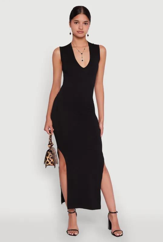 Trendy Rib Knit Plunge Neck Side Slit Maxi Dress sold by Rainbow
