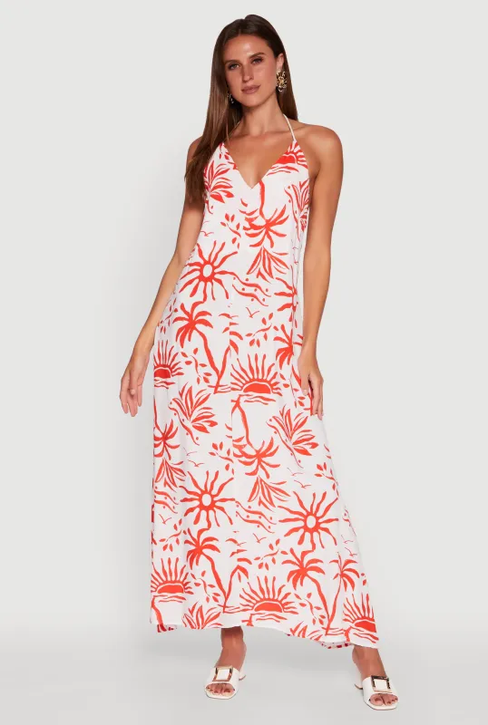 Tropical Print Caged Low Back Rope Halter Maxi Dress sold by Rainbow