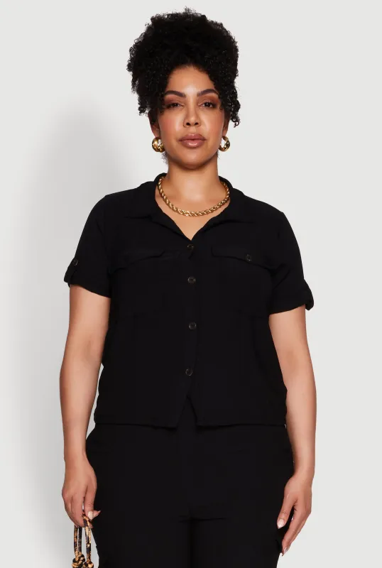 Plus Size Tabbed Sleeve Button Front Crepe Knit Shirt sold by Rainbow