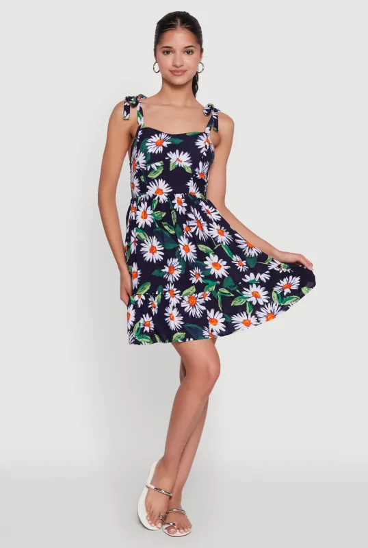 Floral Daisy Print Sleeveless Sundress with Tie Straps sold by Rainbow
