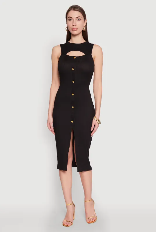 Rib Knit Slit Front Keyhole Midi Dress sold by Rainbow