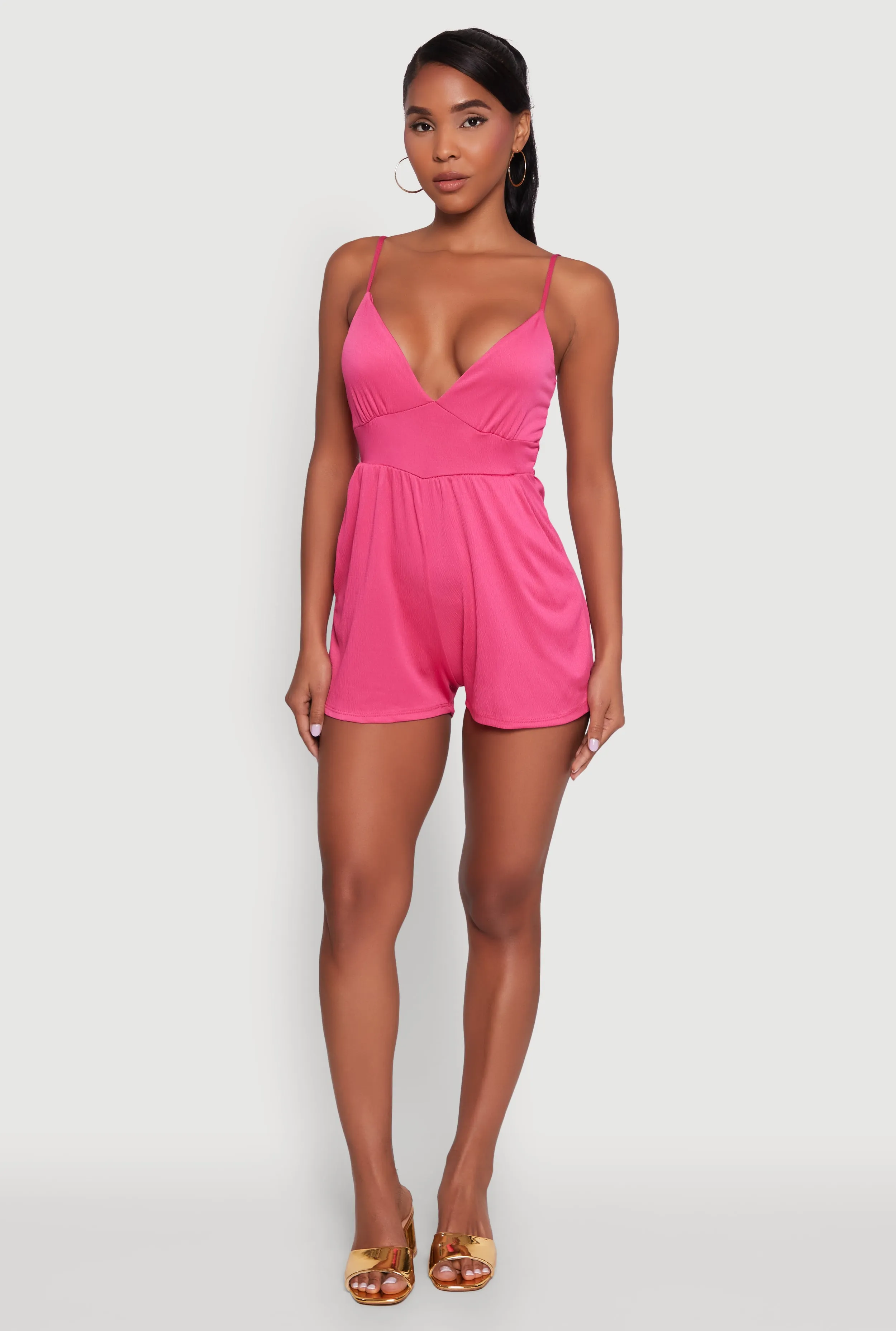 Stylish Textured Knit Plunge Neck Cami Romper with Tie Back sold by Rainbow product image thumbnail 4