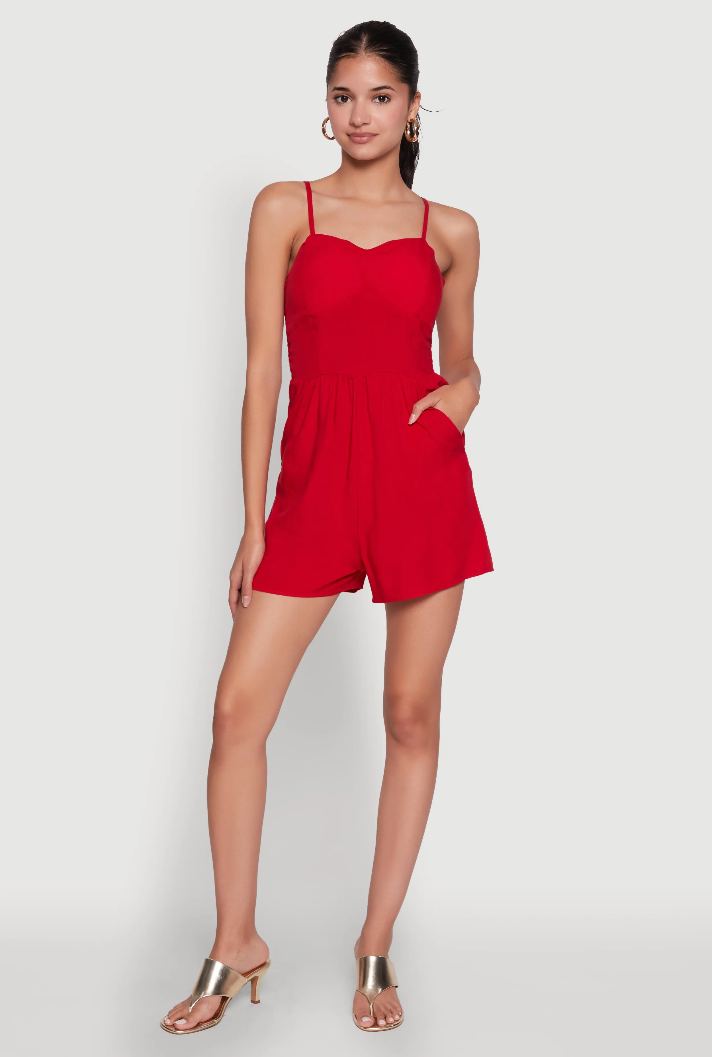 Chic Sleeveless Padded Cup Romper with Pockets and Smocked Details sold by Rainbow product image thumbnail 4