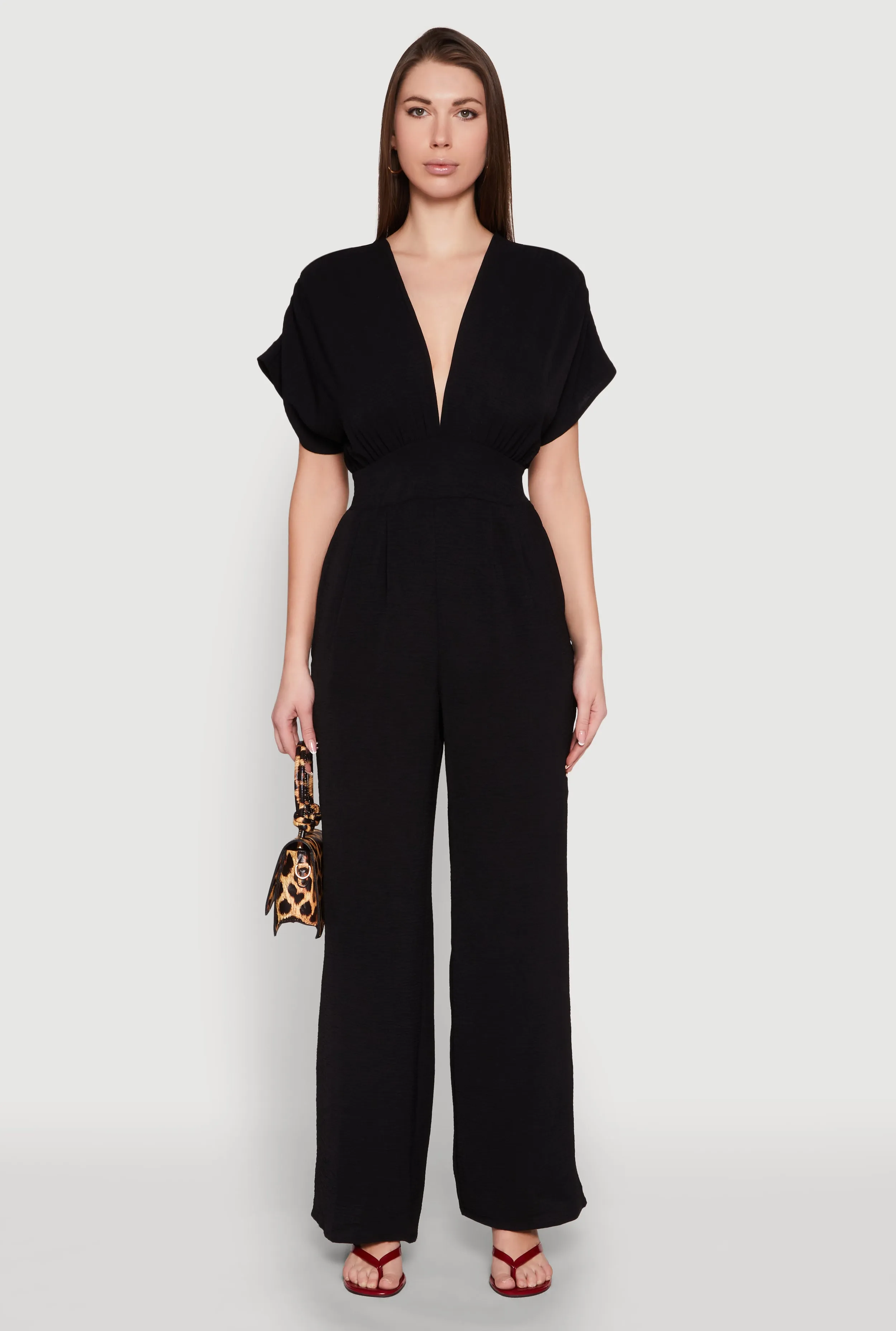 Airy Dolman Sleeve Plunge Jumpsuit sold by Rainbow