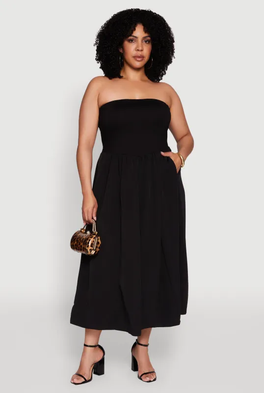 Plus Size Strapless Side Pocket Midi Dress sold by Rainbow