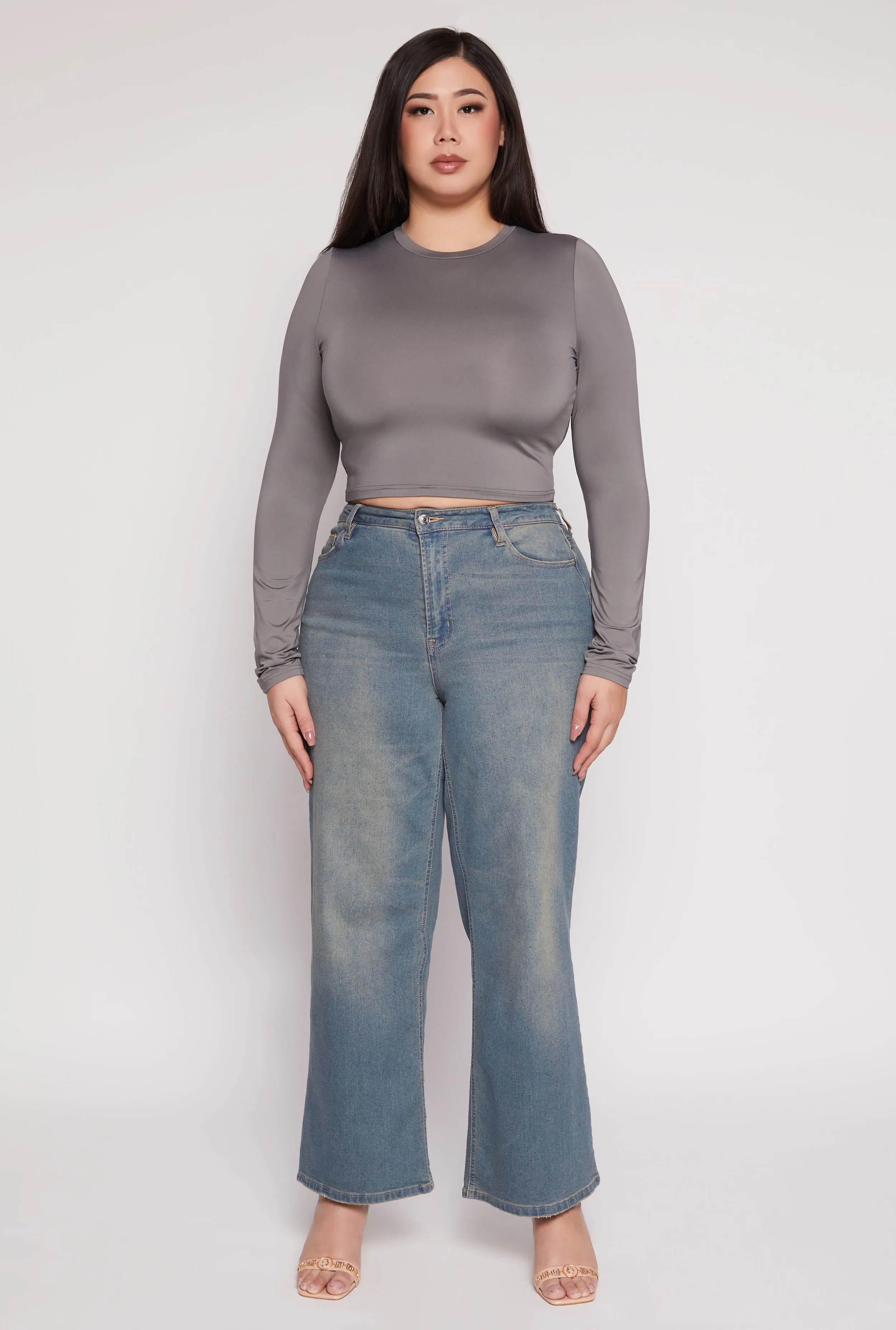 Plus Size Daisy Long Sleeve Crop Top sold by Rainbow