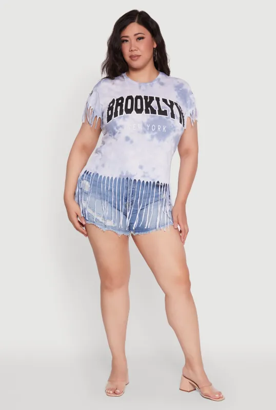 Plus Size Tie Dye Brooklyn Graphic Fringe Hem Tee sold by Rainbow
