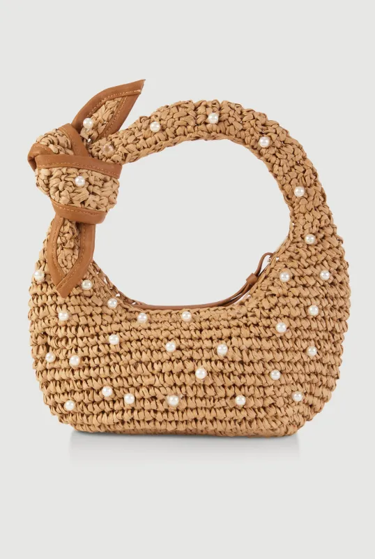Faux Pearl Embellished Straw Hobo Bag sold by Rainbow