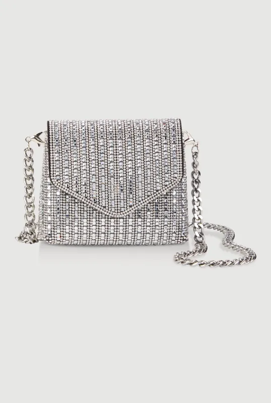 Metallic Chain Mini Rhinestone Crossbody Clutch Bag sold by Rainbow