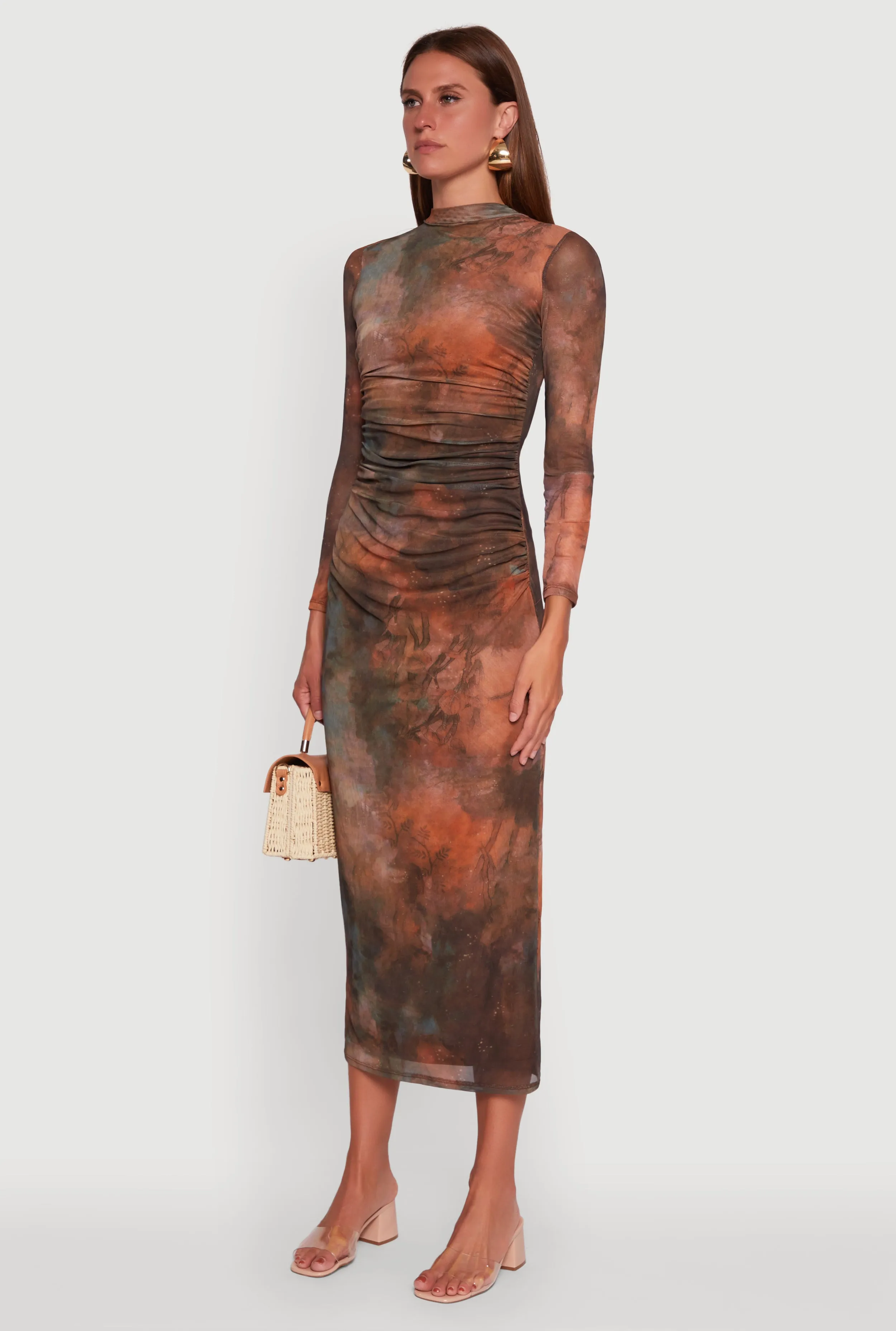 Printed Patterned Long Sleeve Side Ruched Mesh Midi Dress sold by Rainbow product image thumbnail 3