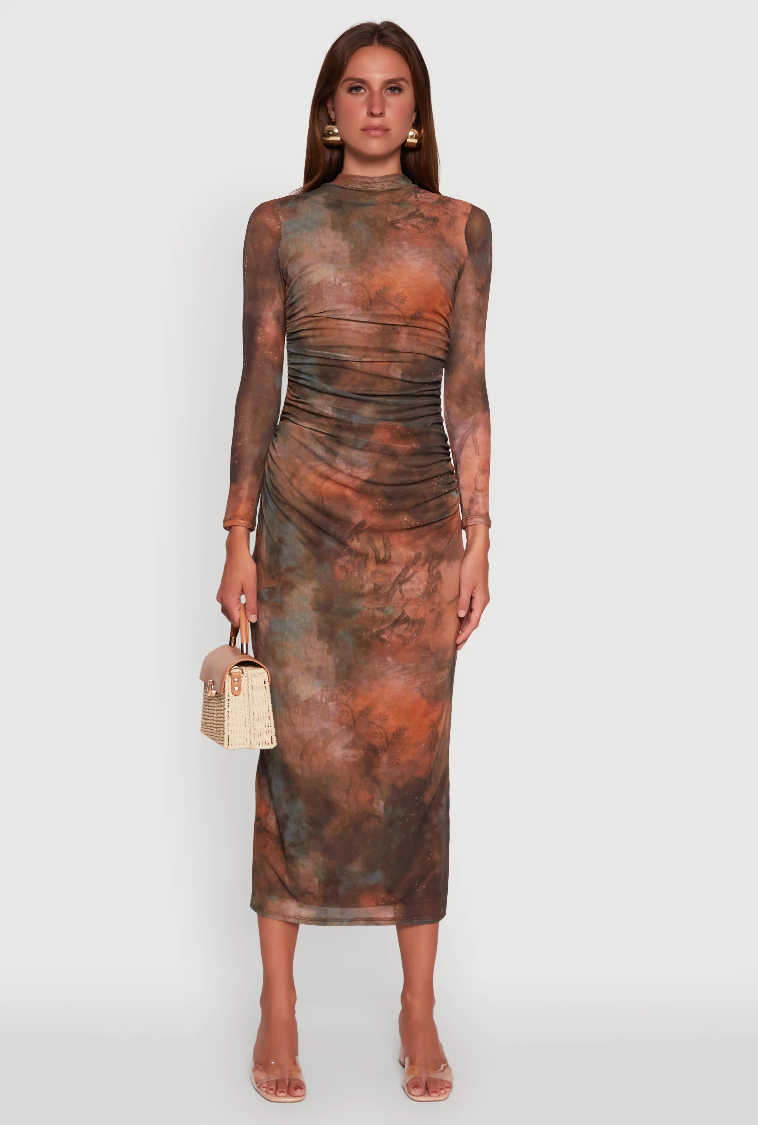 Printed Patterned Long Sleeve Side Ruched Mesh Midi Dress sold by Rainbow product image thumbnail 2