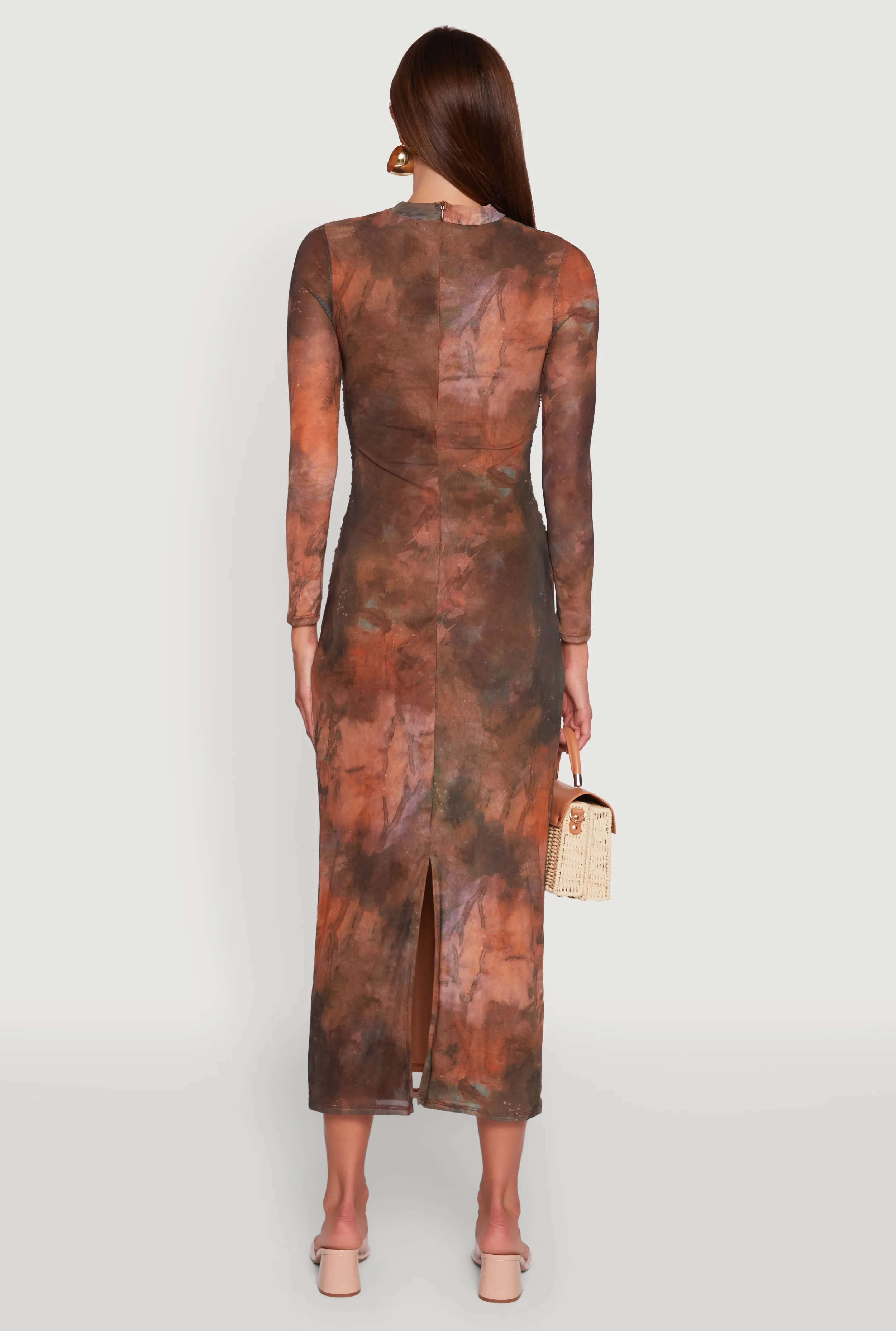 Printed Patterned Long Sleeve Side Ruched Mesh Midi Dress sold by Rainbow product image thumbnail 5