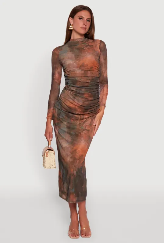 Printed Patterned Long Sleeve Side Ruched Mesh Midi Dress sold by Rainbow