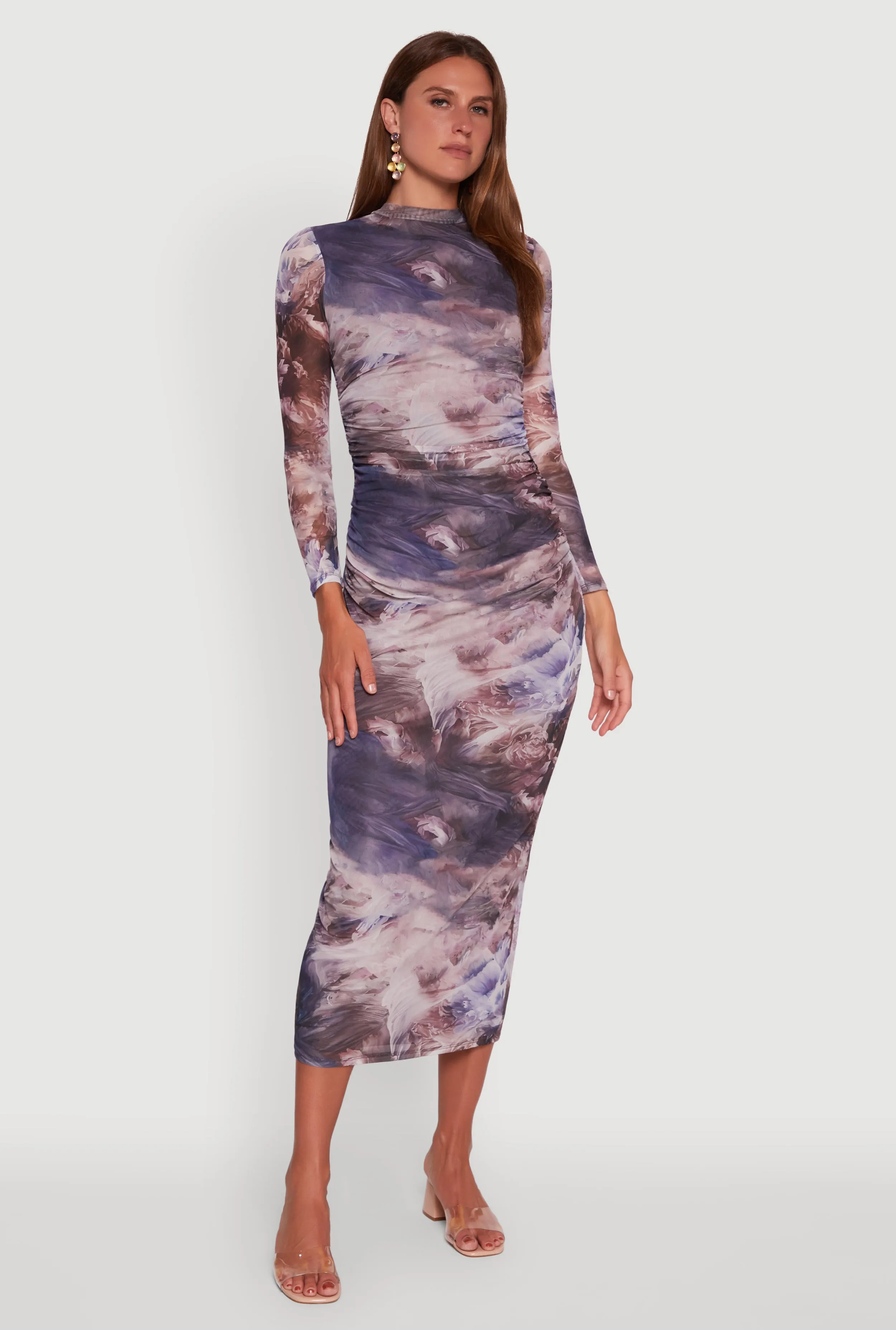 Printed Patterned Long Sleeve Side Ruched Mesh Midi Dress sold by Rainbow