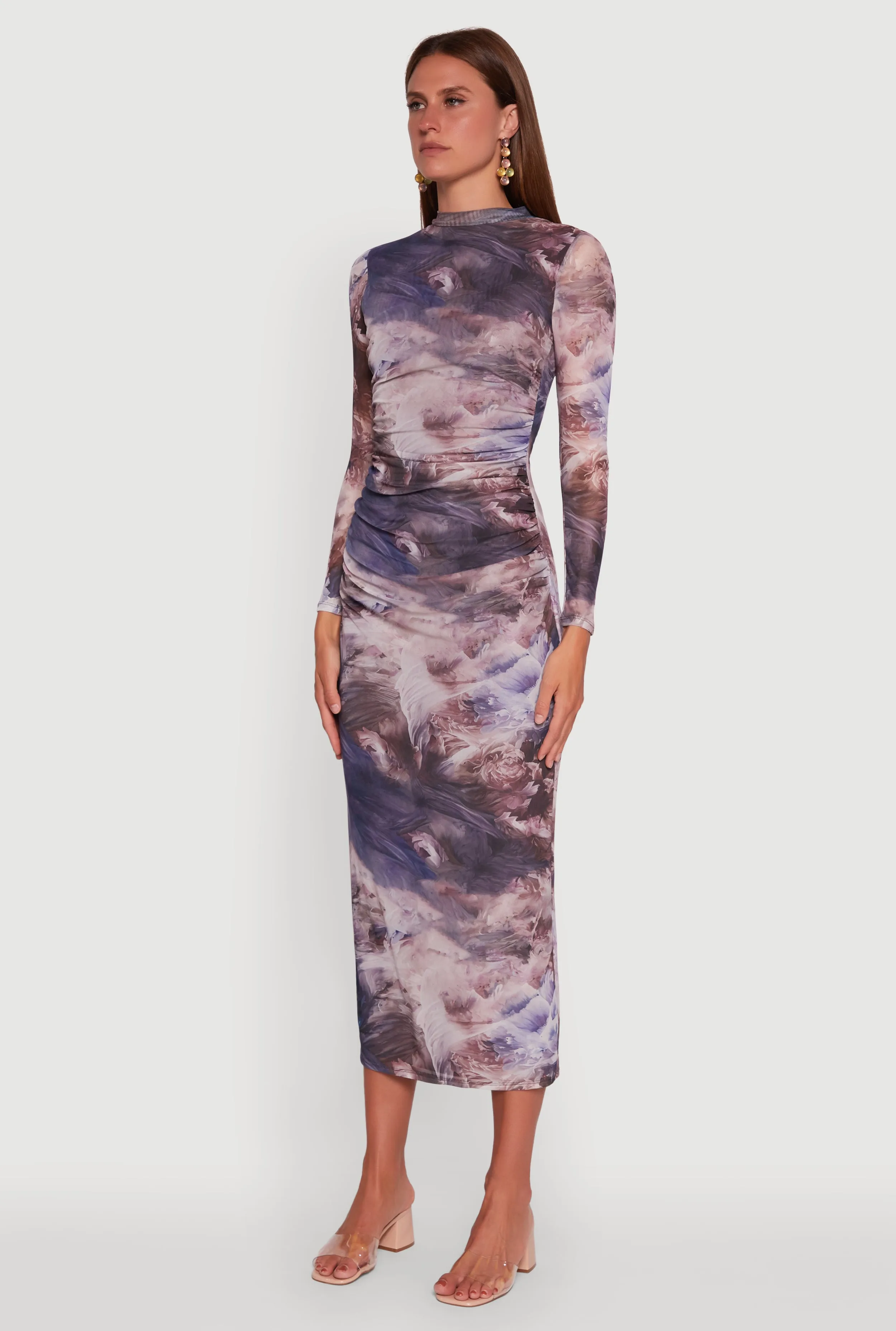 Printed Patterned Long Sleeve Side Ruched Mesh Midi Dress sold by Rainbow product image thumbnail 3