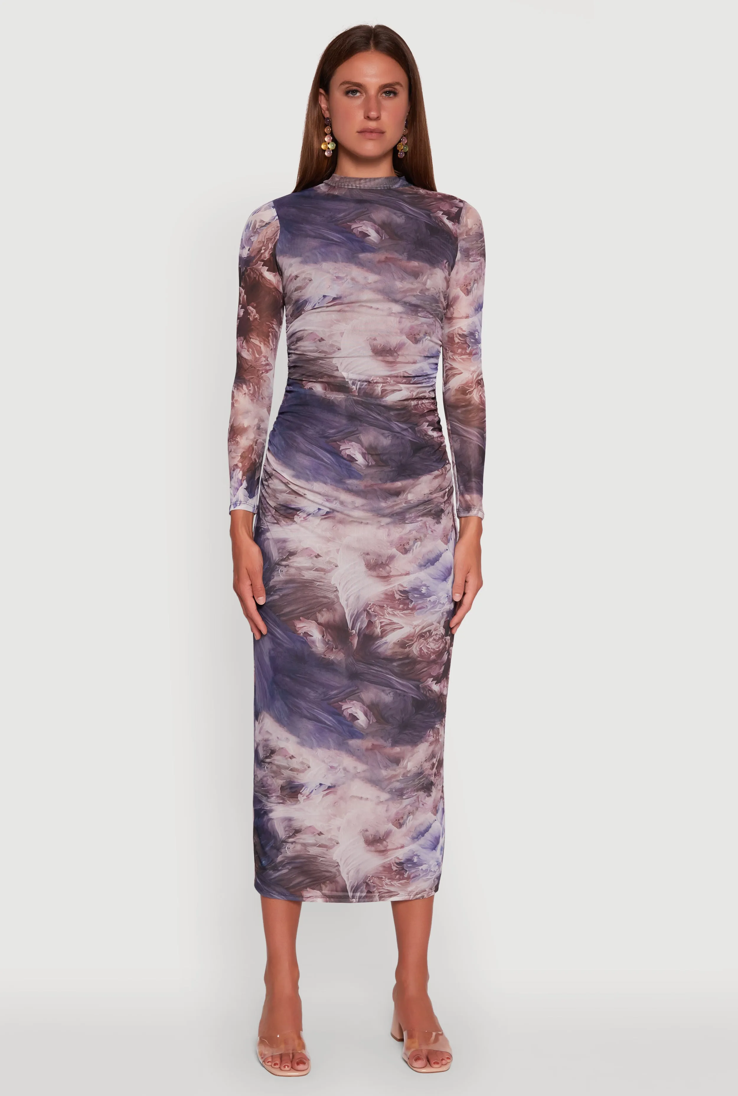 Printed Patterned Long Sleeve Side Ruched Mesh Midi Dress sold by Rainbow product image thumbnail 2