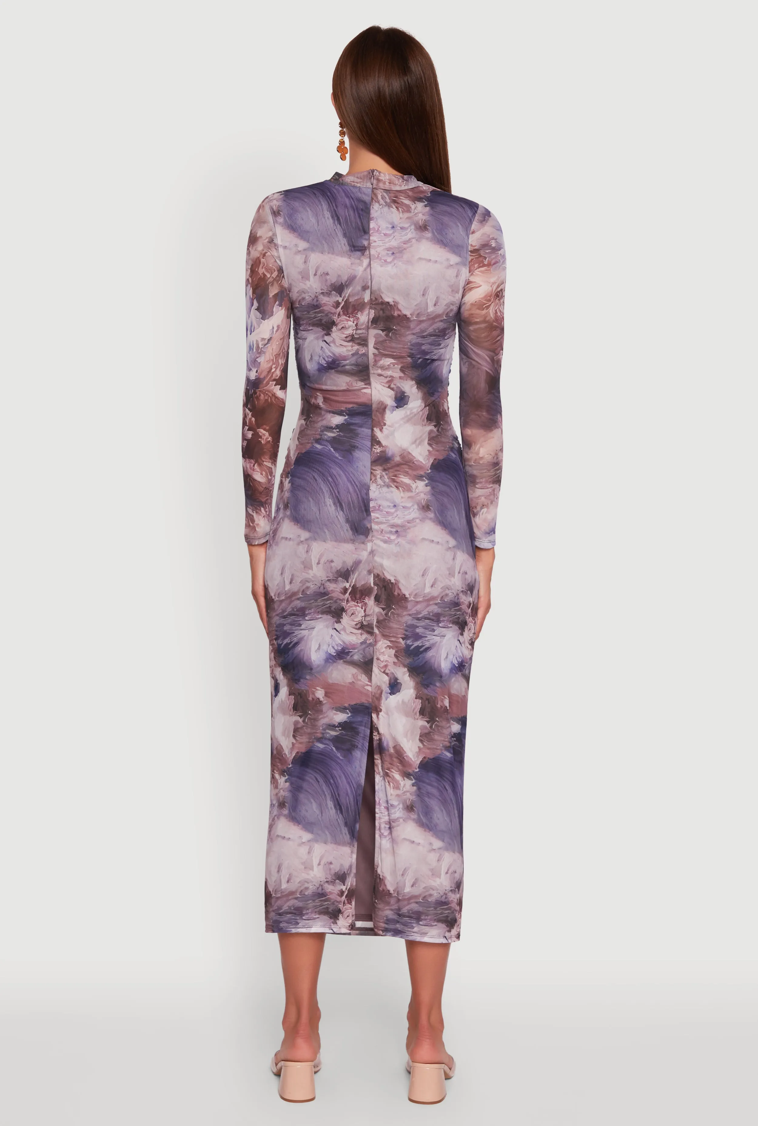 Printed Patterned Long Sleeve Side Ruched Mesh Midi Dress sold by Rainbow product image thumbnail 5