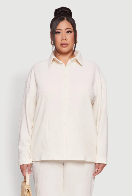 Plus Size Textured Knit Solid Button Front Long Sleeve Shirt sold by Rainbow