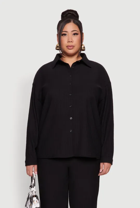 Plus Size Textured Knit Solid Button Front Long Sleeve Shirt sold by Rainbow