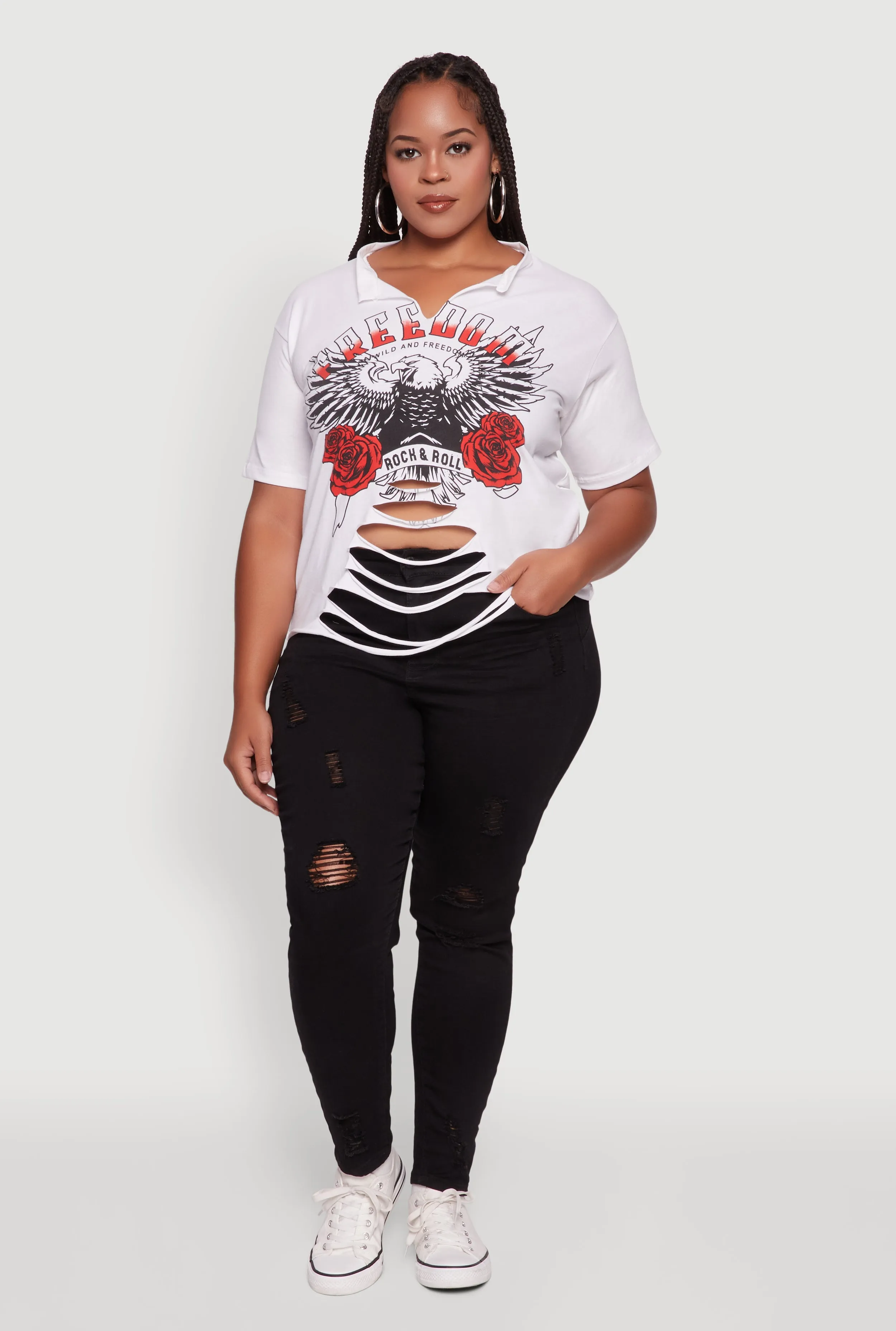 Plus Size Freedom Rock and Roll Slashed Graphic T-Shirt sold by Rainbow