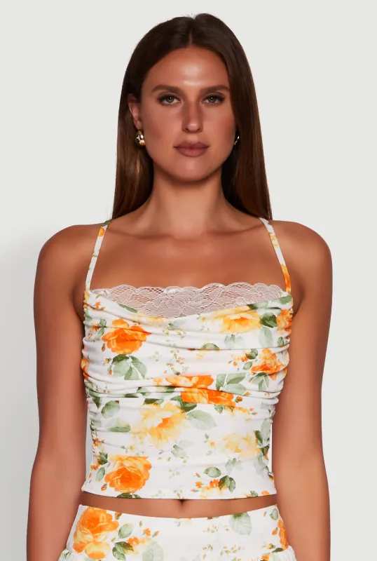 Haute Monde Floral Print Lace Detail Crop Top sold by Rainbow