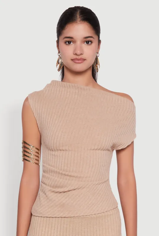 Ribbed Knit Solid One Shoulder Blouse sold by Rainbow