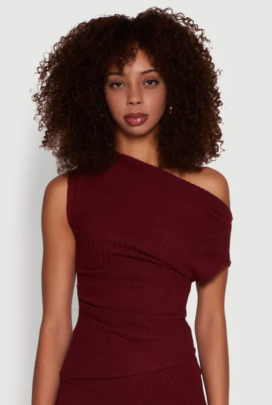 Ribbed Knit Solid One Shoulder Blouse sold by Rainbow