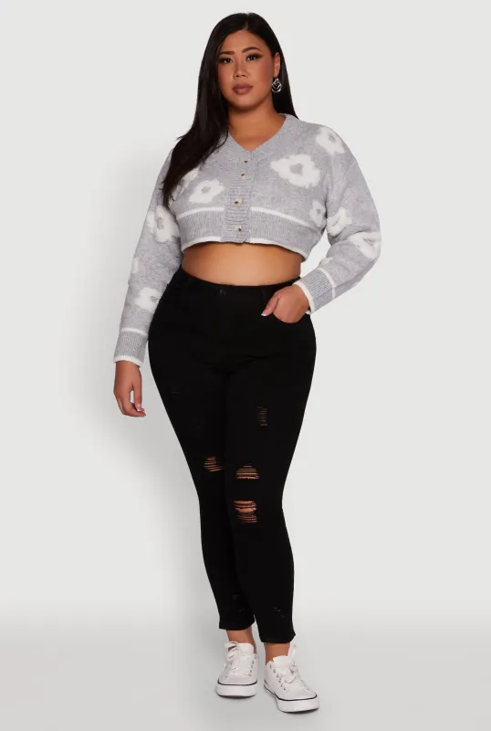 Plus Size Flower Tufted Knit Cropped Cardigan sold by Rainbow