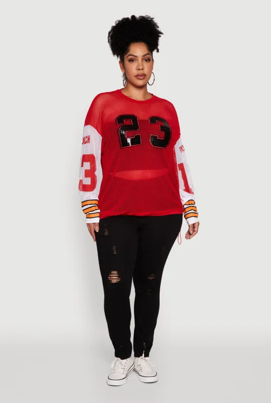 Plus Size 23 Sequin Fishnet Graphic Print Long Sleeve Top sold by Rainbow