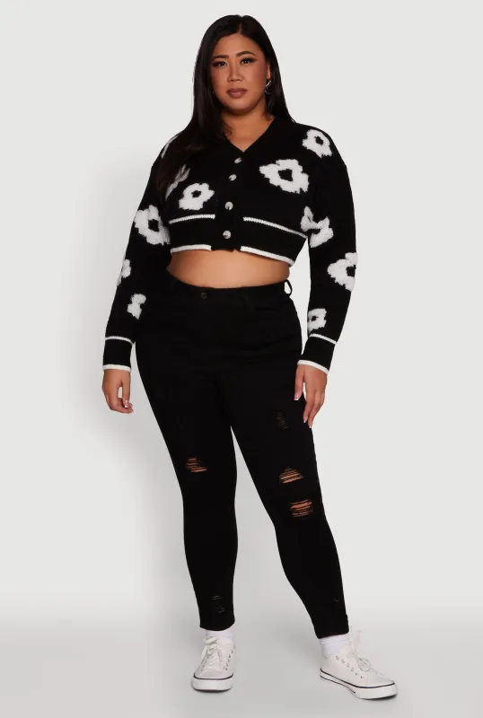 Plus Size Flower Tufted Knit Cropped Cardigan sold by Rainbow