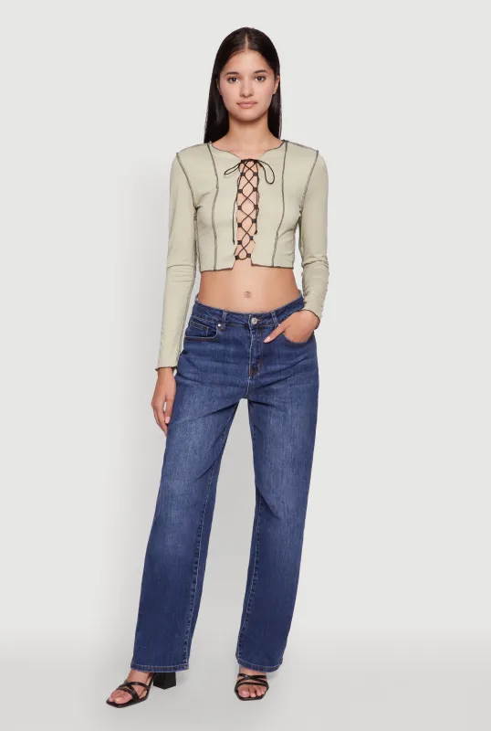 Brushed Knit Lace-Up Long Sleeve Crop Blouse sold by Rainbow