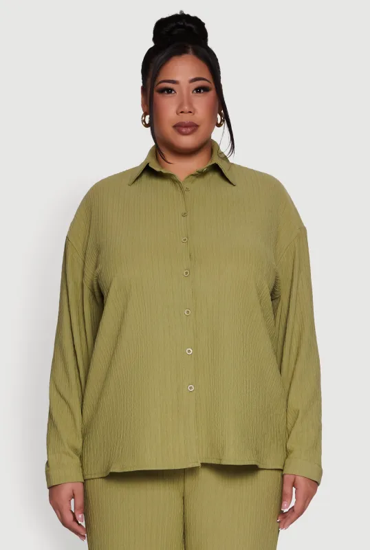 Plus Size Textured Knit Solid Button Front Long Sleeve Shirt sold by Rainbow
