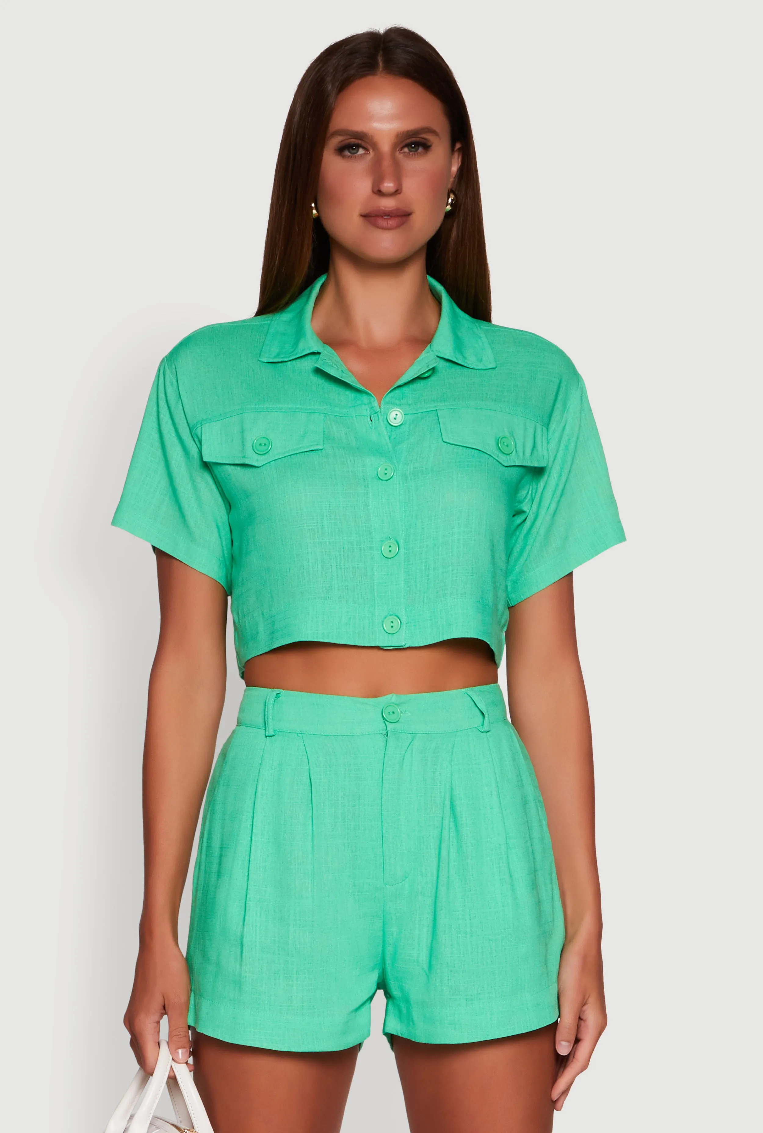 Trendy Linen Flap Detail Button Front Cropped Shirt sold by Rainbow