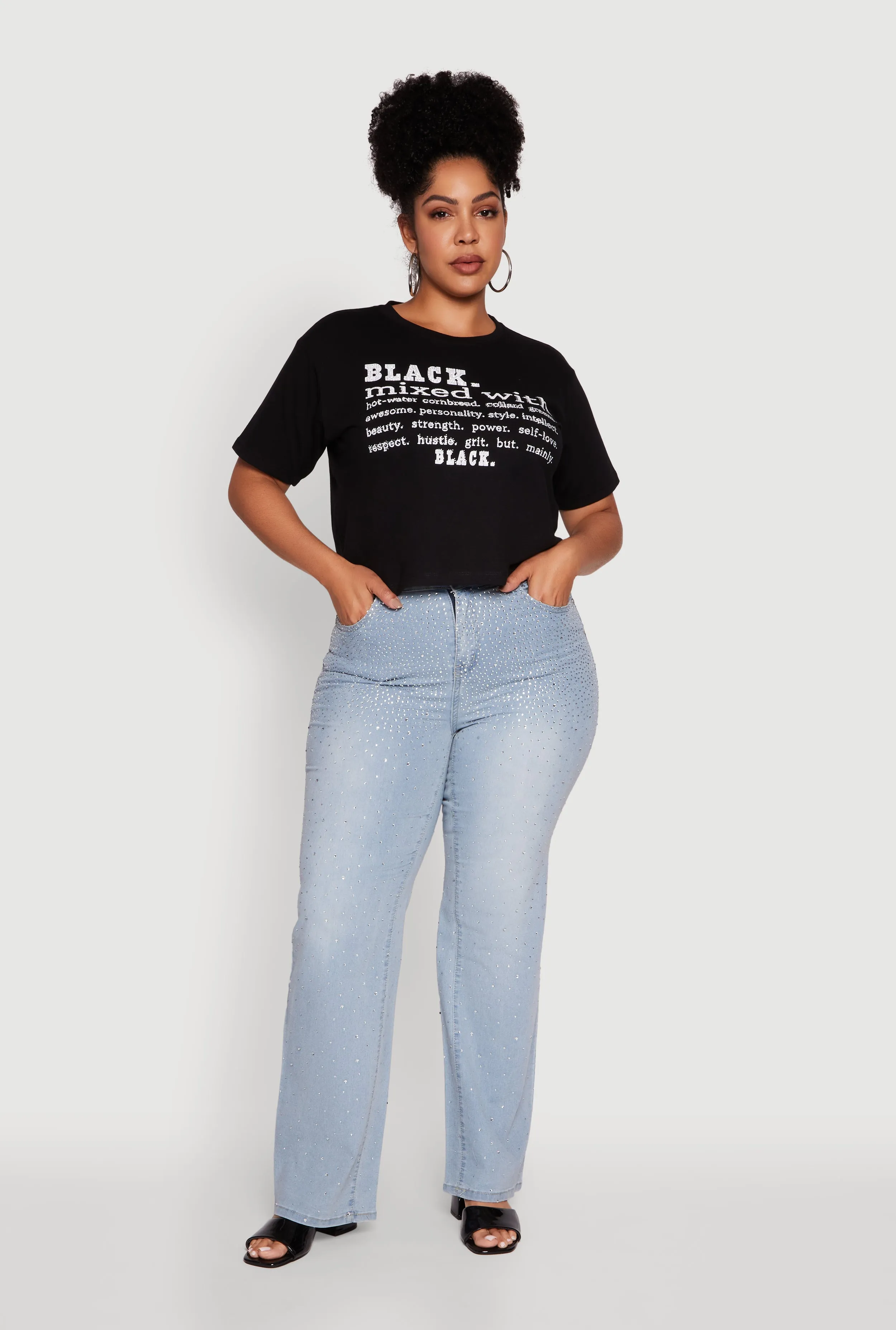 Plus Size Black Graphic Print Rhinestone T-Shirt sold by Rainbow