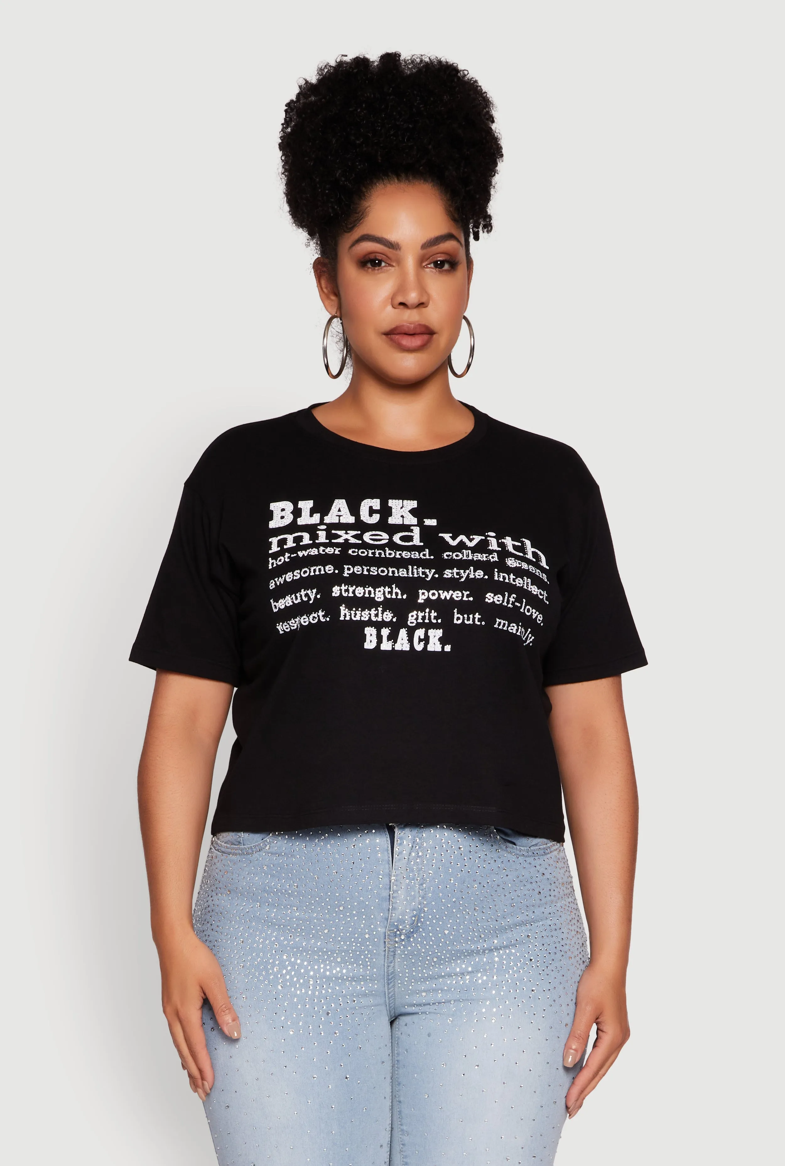 Plus Size Black Graphic Print Rhinestone T-Shirt sold by Rainbow product image thumbnail 2