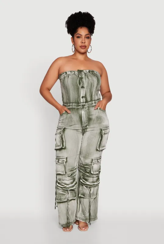 Plus Size Daisy Acid Wash Denim Strapless Jumpsuit sold by Rainbow
