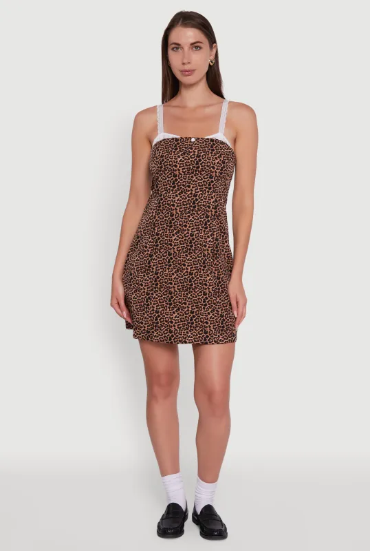 Patterned Lace Trim Sleeveless Mini Dress sold by Rainbow